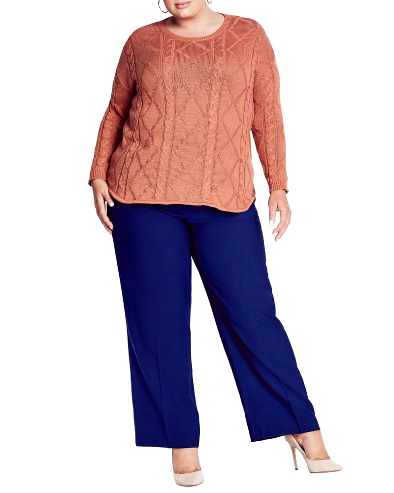 Front of a model wearing a size 18 SWEATER CARINA CABLE in Cinnamon by avenue. | dia_product_style_image_id:310348